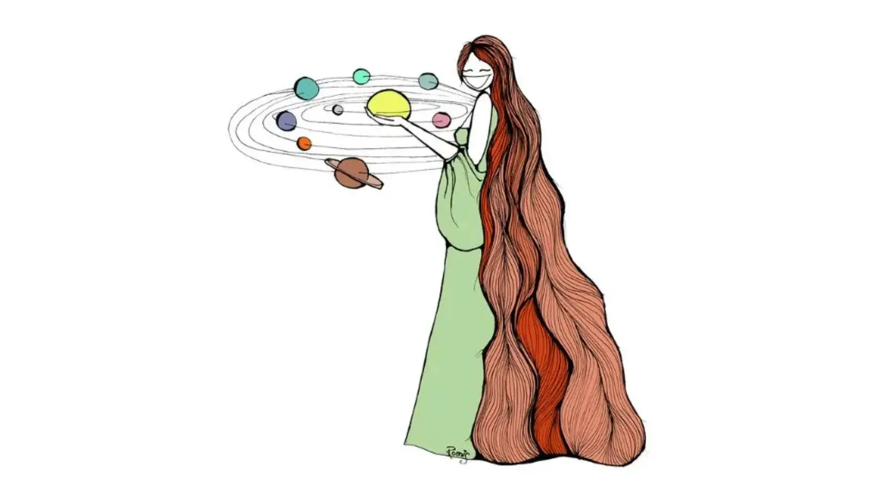 LoQuiTa con cabello largo rodeada de planetas y órbitas, sosteniendo el Sol entre sus manos, representando la nueva colección Zodiacal