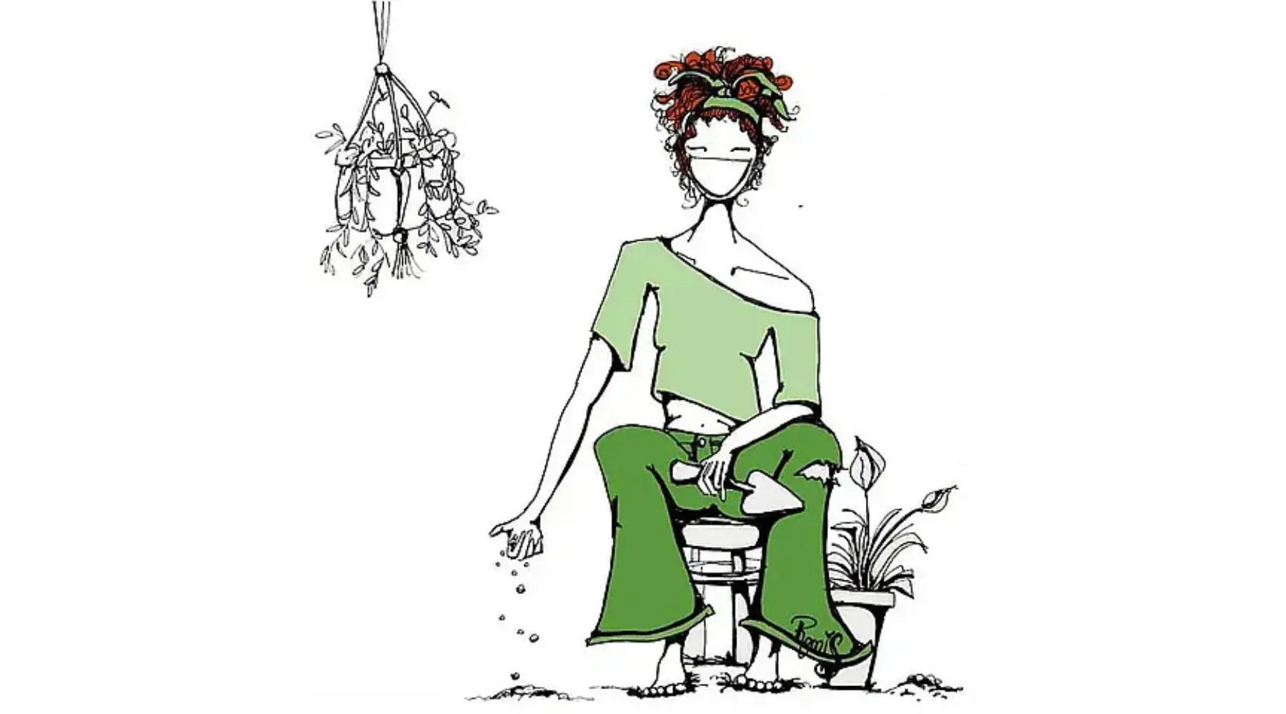 LoQuiTa sentada con ropa verde, sembrando semillas entre plantas