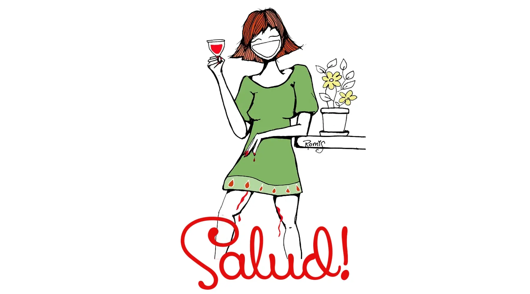 LoQuiTa con vestido verde levantando una copa roja, junto a flores y detalles que representan la menstruación