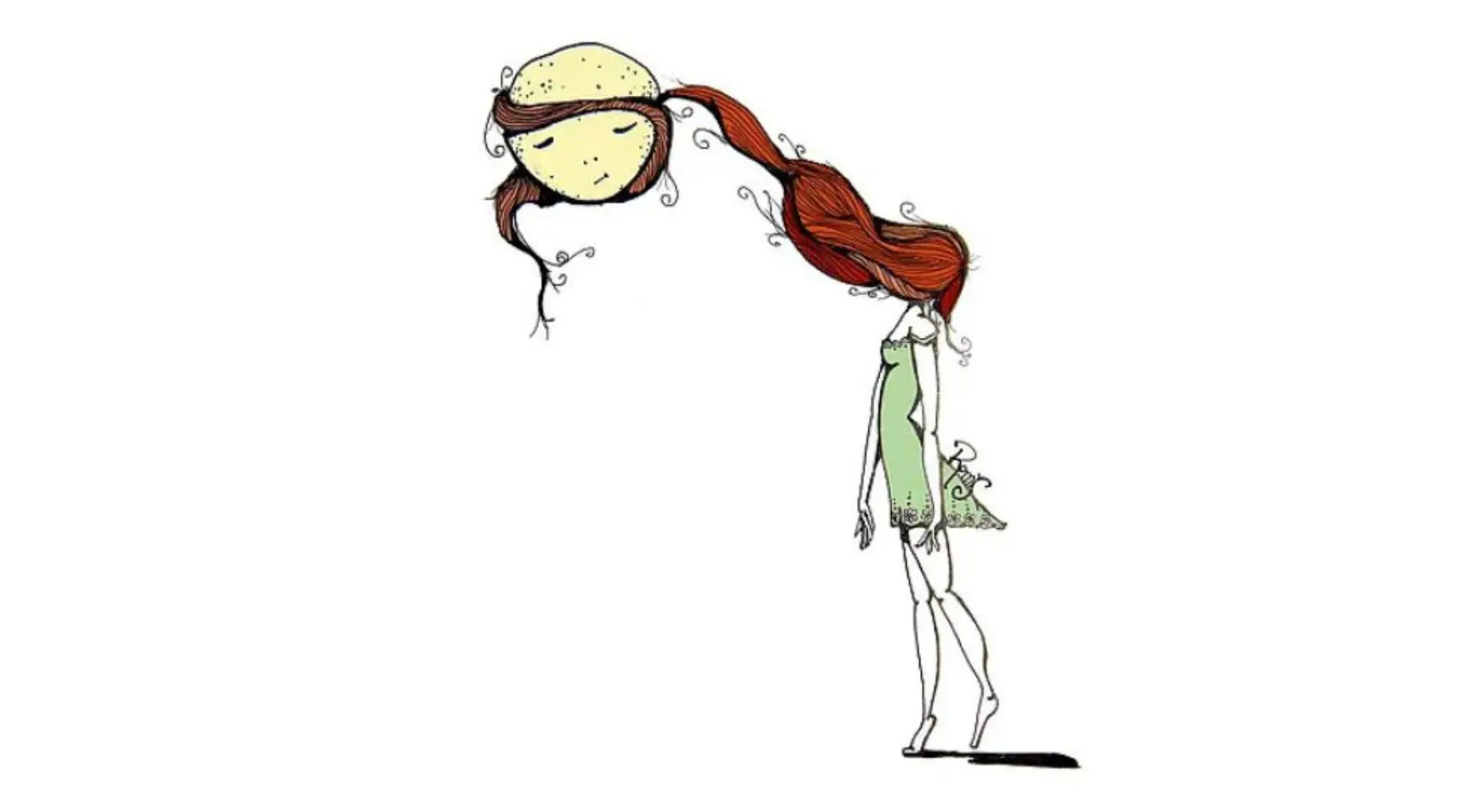 Ilustración de LoQuiTa con vestido verde y largo cabello rojo, inclinada hacia adelante apoyando su cabeza sobre una gran luna amarilla
